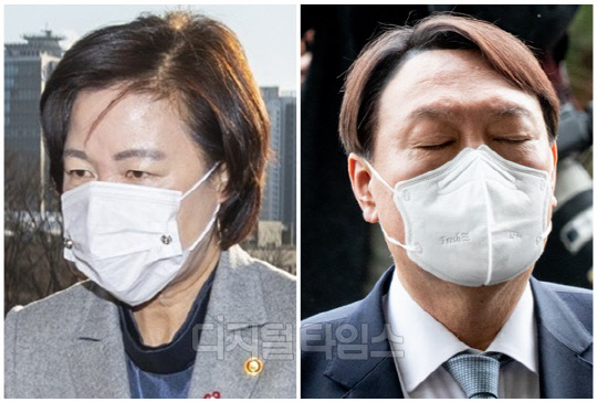 추미애(왼쪽) 전 법무부 장관과 윤석열 전 검찰총장. 디지털타임스 DB, 연합뉴스